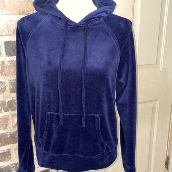 AMBIANCE Navy Dark Blue Velour Kangaroo Pocket Hoodie Pullover Size Med - Picture 8 of 8